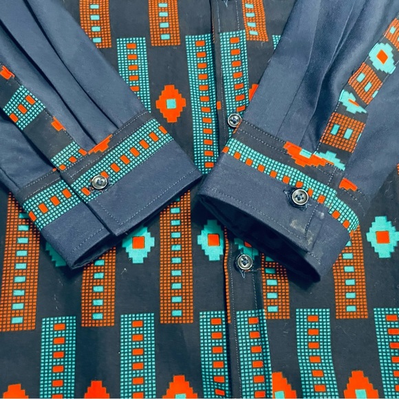 Royal Nakor Ghana Long Sleeve Button-Up Shirt L African Print Navy Red Turquoise - Picture 6 of 10